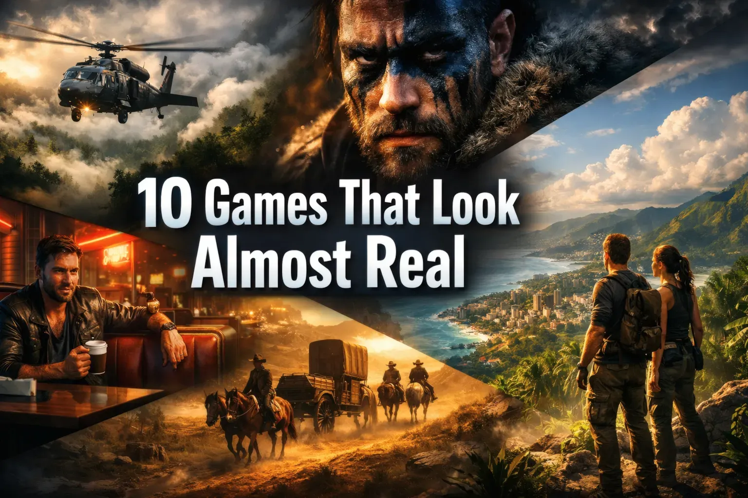 realistic graphics games collage featuring Red Dead Redemption 2, Cyberpunk 2077, Hellblade 2 and cinematic scenes with ultra realistic lighting, detailed characters, open worlds, and environments that look almost identical to real life