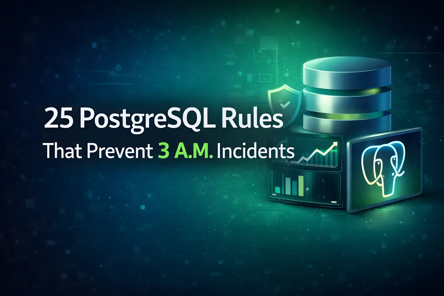 PostgreSQL database design rules illustrated with server, database icon, analytics dashboard and secure data structure, representing scalable architecture, performance optimization and best practices for modern database systems
