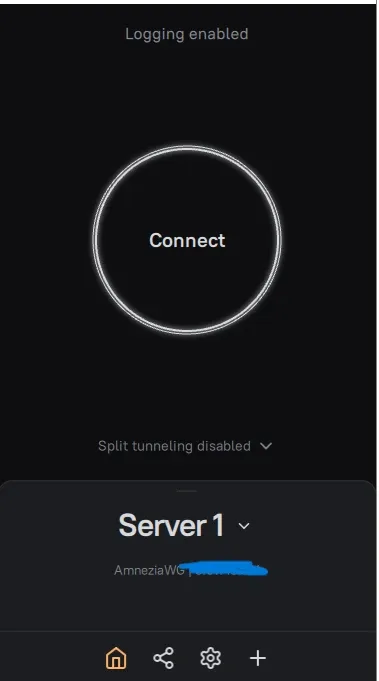 Set Up Secure VPN Server: 7 Easy Steps with Amnezia (Full Guide) 9 Connecting to secure VPN server in Amnezia app after setup showing connection button and server selection for private encrypted internet access through self hosted VPN.