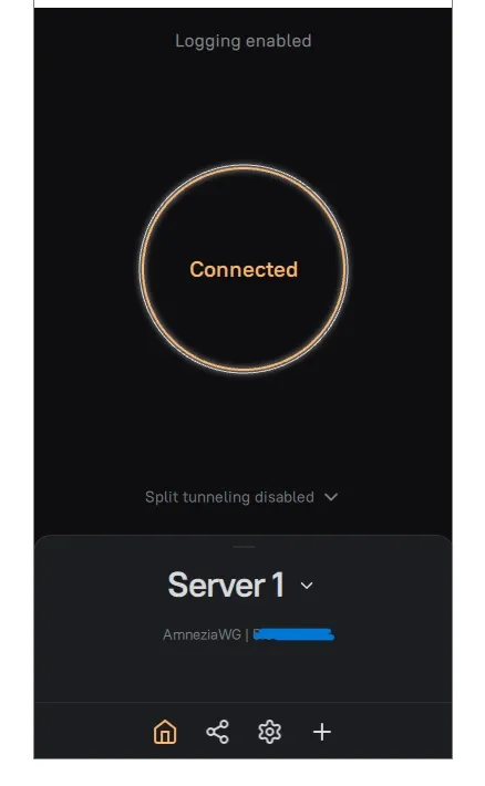 Set Up Secure VPN Server: 7 Easy Steps with Amnezia (Full Guide) 10 Connecting to secure VPN server in Amnezia app after setup showing connection button and server selection for private encrypted internet access through self hosted VPN.