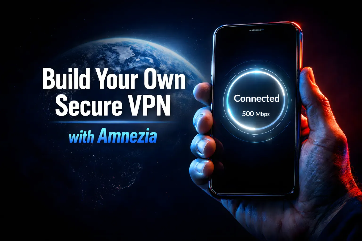 Set up secure VPN server with Amnezia on a smartphone showing connected VPN status, illustrating how to create your own private VPN server using a VPS for secure and anonymous internet access.