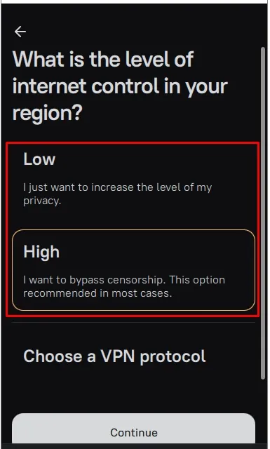Set Up Secure VPN Server: 7 Easy Steps with Amnezia (Full Guide) 4 Selecting internet restriction level in Amnezia VPN setup to configure secure VPN server using AmneziaWG or WireGuard depending on censorship and privacy requirements.