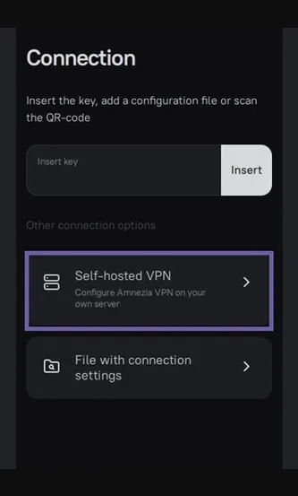 Set Up Secure VPN Server: 7 Easy Steps with Amnezia (Full Guide) 2 Amnezia VPN app interface showing self hosted VPN option selection, step in setting up a secure VPN server on a VPS with manual configuration for private and encrypted internet connection.