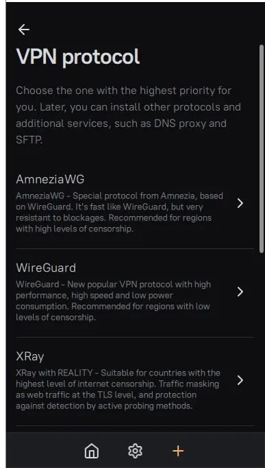 Set Up Secure VPN Server: 7 Easy Steps with Amnezia (Full Guide) 6 Choosing VPN protocol in Amnezia app including AmneziaWG WireGuard and XRay for setting up secure VPN server with optimal speed security and censorship bypass capabilities.