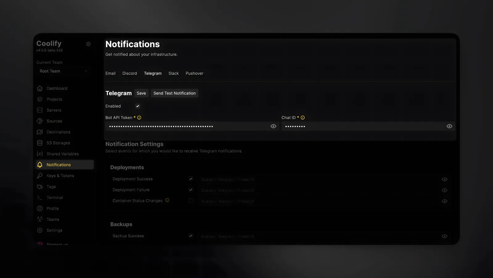 Run n8n and Supabase on One VPS: Ultimate Coolify Setup Guide 2 Go to Notifications → Telegram