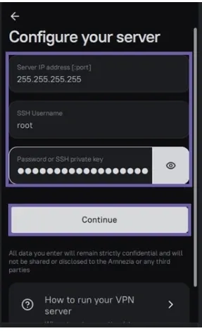 Set Up Secure VPN Server: 7 Easy Steps with Amnezia (Full Guide) 3 Entering VPS server details in Amnezia VPN including IP address, SSH username and password to set up secure VPN server with full control and private network configuration.