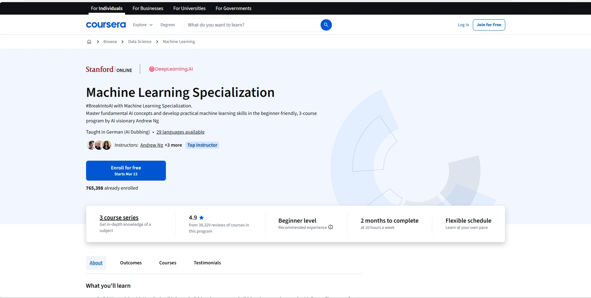 10 Best AI Courses Online in 2026 2 Machine Learning — Stanford (Coursera)