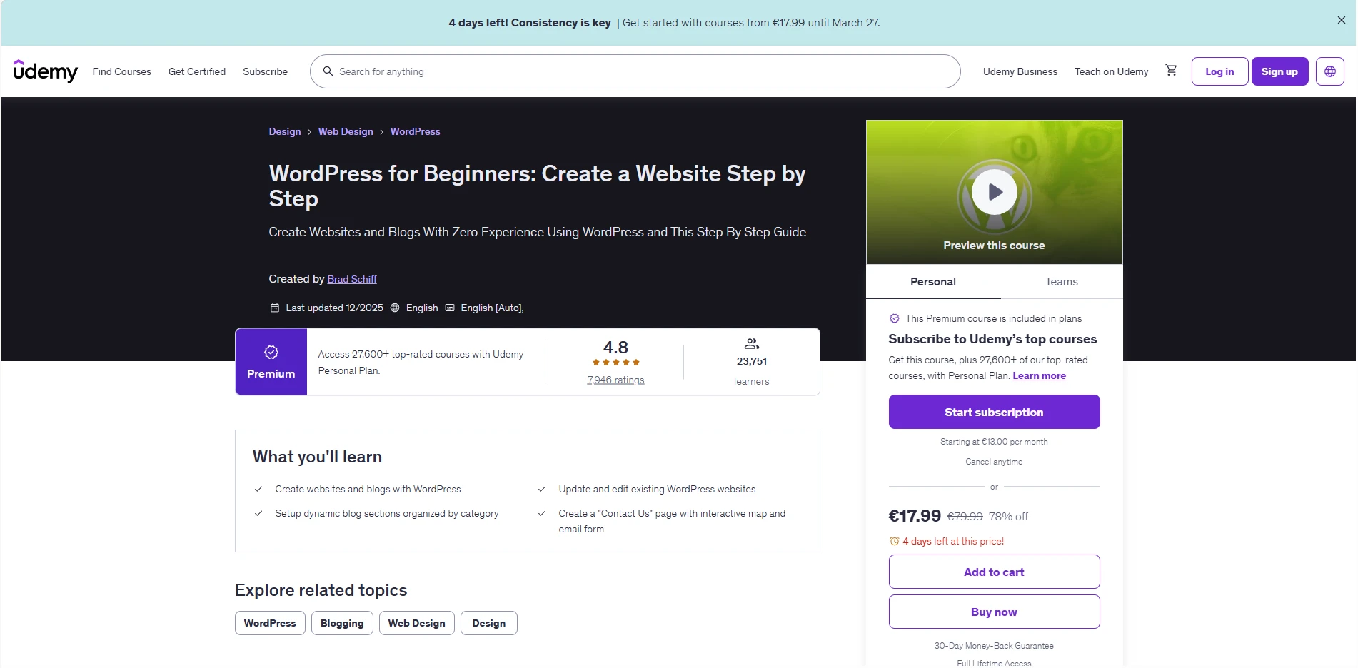 Best WordPress Courses 2026: 7 Top Picks to Learn Fast & Build Sites 2 WordPress for Beginners: Create a Website Step by Step (Udemy)