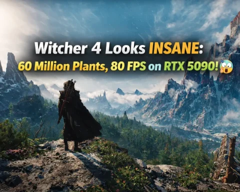 The Witcher 4 RTX Mega Geometry Foliage demo scene with mountains, forest landscape, ray tracing lighting and RTX 5090 performance showcase