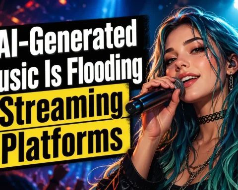 AI-generated music flooding streaming platforms with human vs artificial creation concept