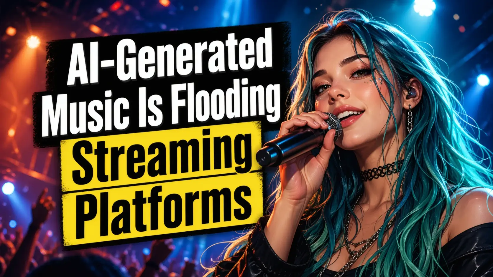 AI-generated music flooding streaming platforms with human vs artificial creation concept