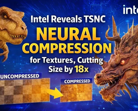 Intel TSNC neural texture compression technology demonstrating up to 18x texture size reduction for GPUs