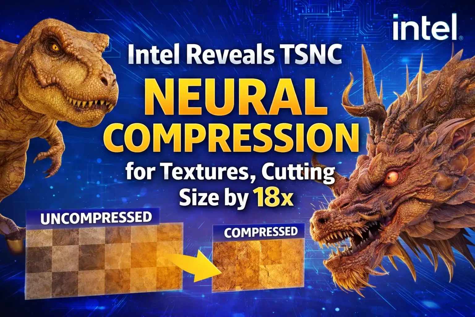Intel TSNC neural texture compression technology demonstrating up to 18x texture size reduction for GPUs