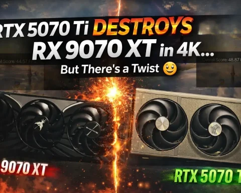 RTX 5070 Ti vs RX 9070 XT 4K benchmark comparison showing NVIDIA GPU outperforming AMD in gaming performance and ray tracing
