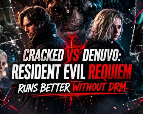 Resident Evil Requiem performance comparison showing cracked version without Denuvo running faster and using less VRAM