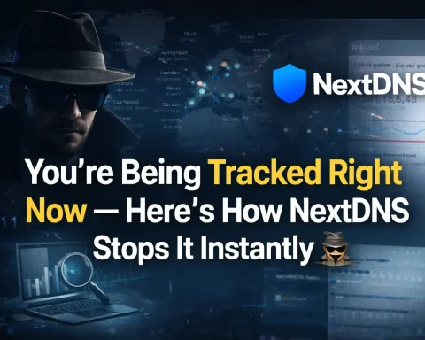 NextDNS secure browsing banner showing protection from trackers ads and malware with DNS privacy technology