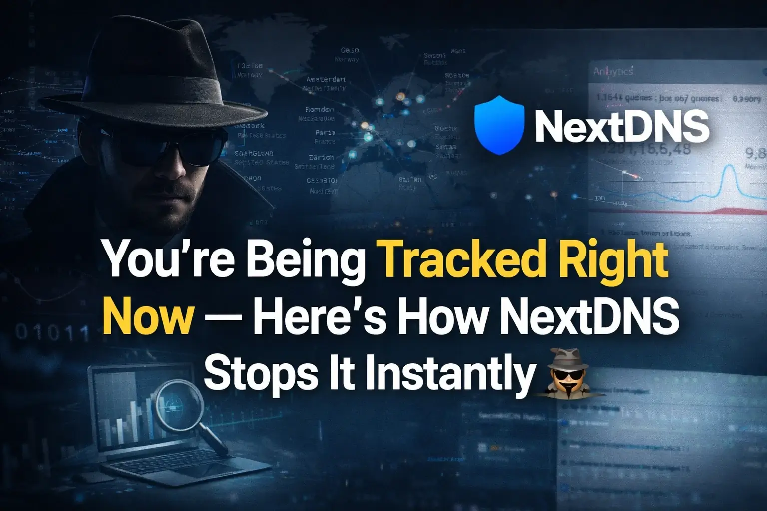 NextDNS secure browsing banner showing protection from trackers ads and malware with DNS privacy technology
