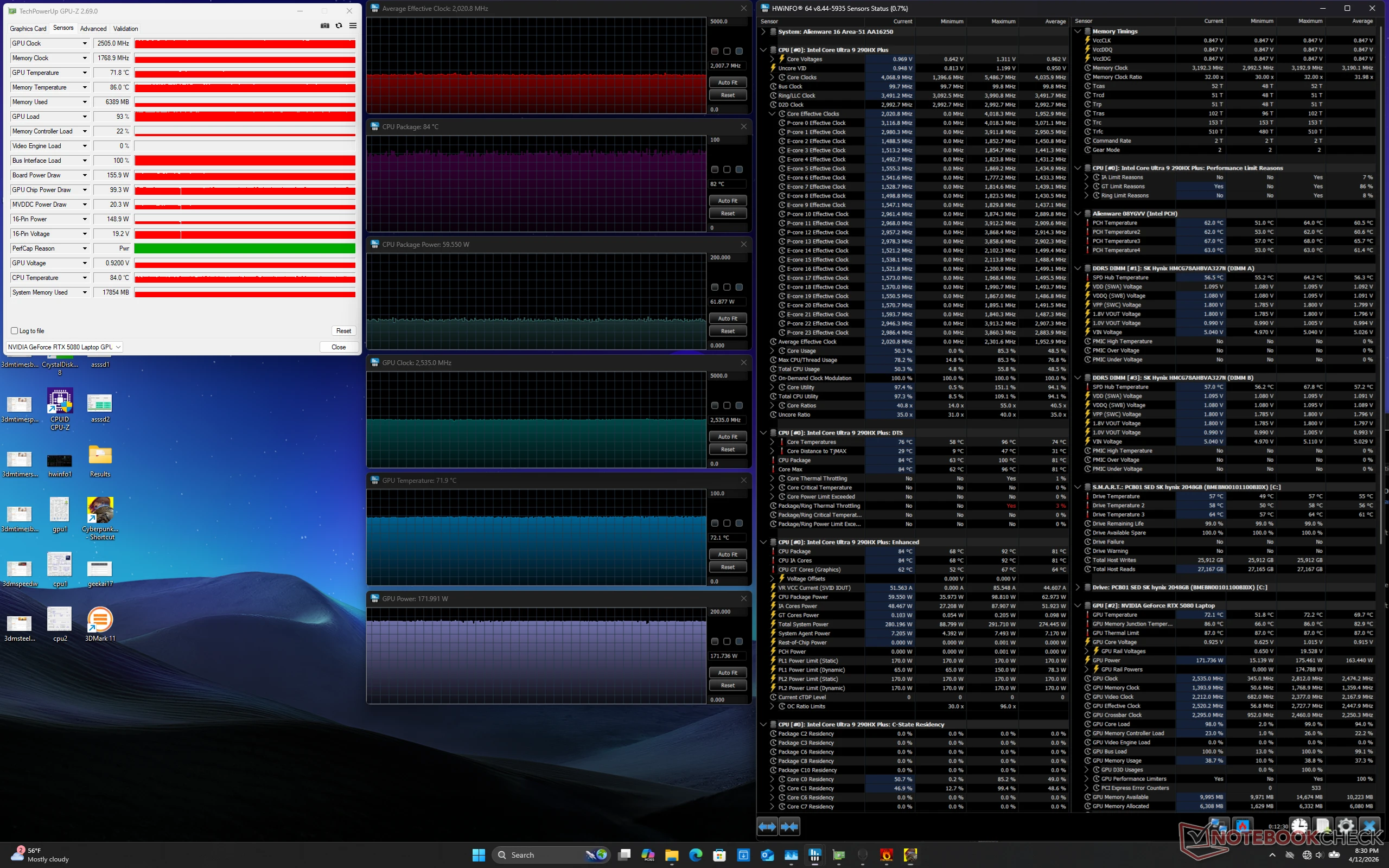 Intel Core Ultra 9 290HX Plus peaks at 103°C in benchmark test 3 Core Ultra 9 290HX Plus cooling performance during high temperature stress test