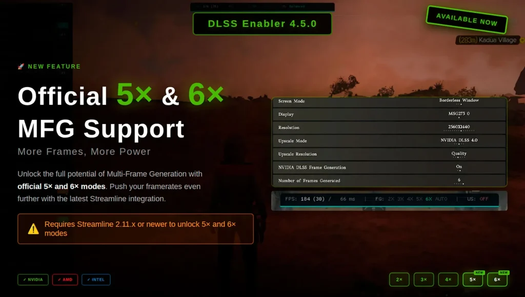 DLSS Enabler 4.5 Unlocks x6 Frame Generation Without RTX 50 4 DLSS Enabler working on NVIDIA AMD Intel GPUs