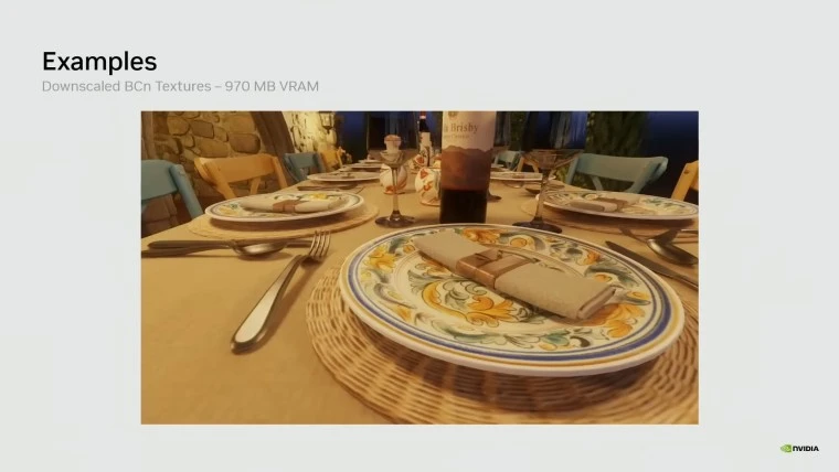 Neural Texture Compression by NVIDIA: How AI Cuts VRAM Usage by 85% 6 Neural Texture Compression NVIDIA example showing 970MB VRAM usage with downscaled BCn textures
