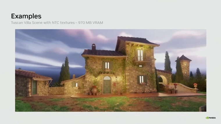 Neural Texture Compression by NVIDIA: How AI Cuts VRAM Usage by 85% 5 Neural Texture Compression NVIDIA Tuscan Villa scene 970MB VRAM optimized textures