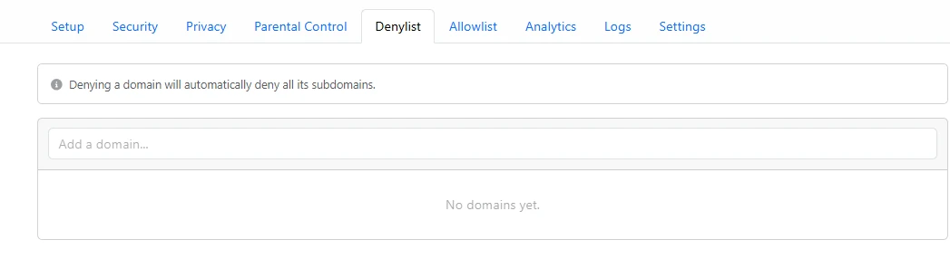 NextDNS Secure Browsing: How to Protect Your Privacy and Block Trackers Easily 8 NextDNS denylist interface for blocking domains and controlling DNS-level website access
