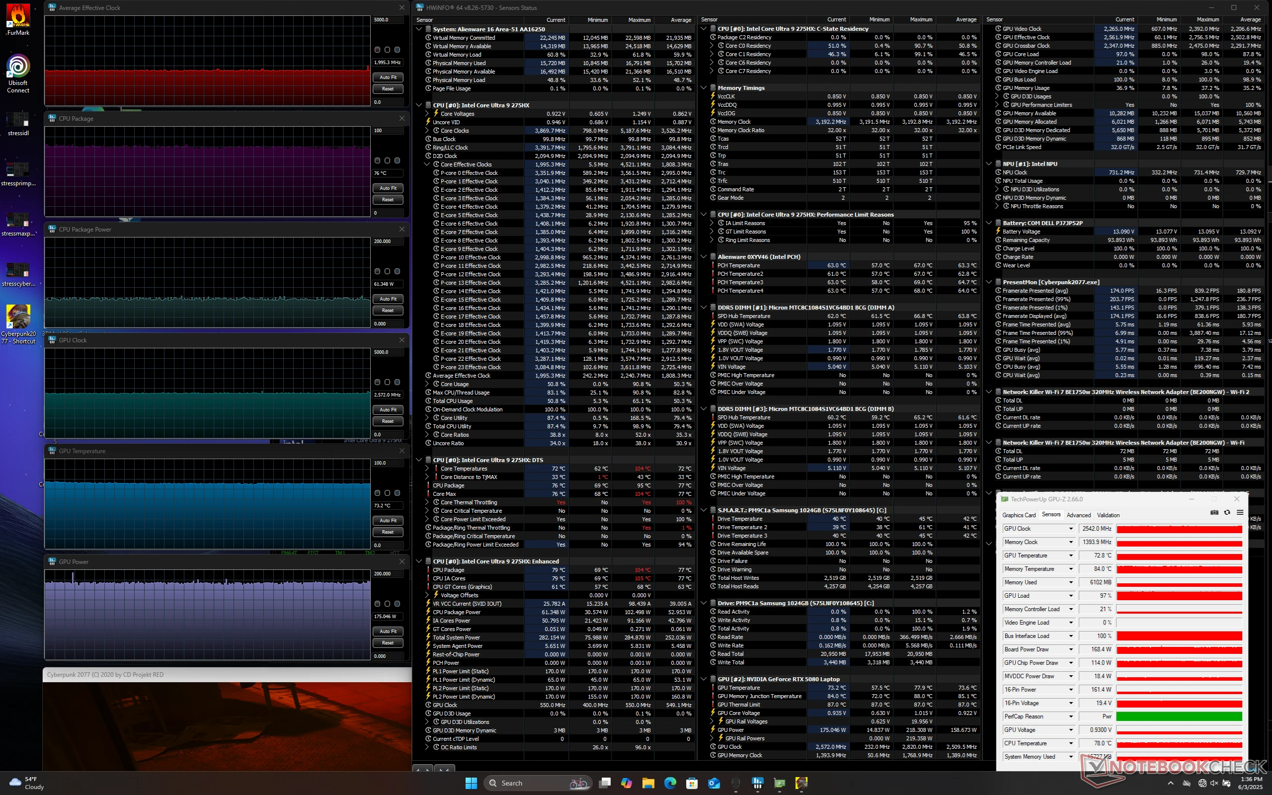 Intel Core Ultra 9 290HX Plus peaks at 103°C in benchmark test 4 Core Ultra 9 290HX Plus compared to Core Ultra 9 275HX temperature results