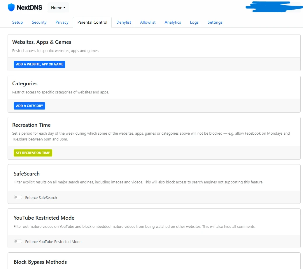 NextDNS Secure Browsing: How to Protect Your Privacy and Block Trackers Easily 9 NextDNS parental control dashboard for blocking websites apps and enforcing safe browsing filters