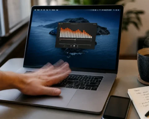MacBook reacting to a slap with sound visualizer on screen in a realistic setting