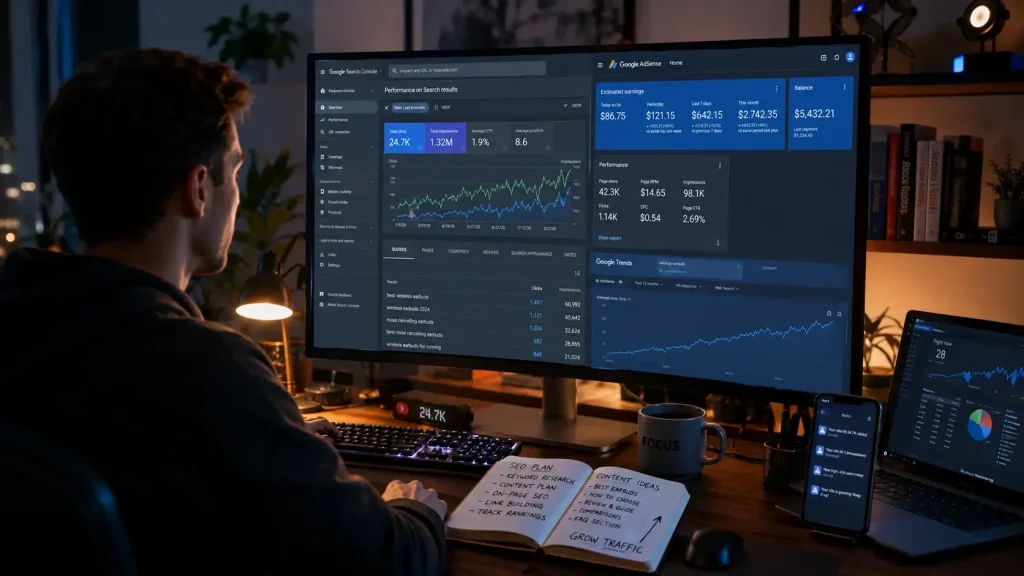 Realistic SEO for beginners workspace showing keyword research, organic traffic analytics, and AdSense earnings growth on a modern computer setup