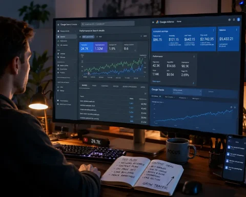 Realistic SEO for beginners workspace showing keyword research, organic traffic analytics, and AdSense earnings growth on a modern computer setup