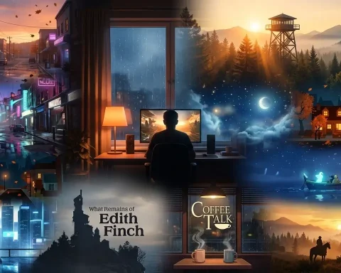 Best Story Driven PC Games collage featuring cozy narrative PC games, cinematic worlds, relaxing evening gaming setup, emotional adventures, and immersive storytelling scenes