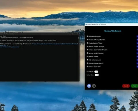 Windows 11 interface showing AI features being disabled via RemoveMicrosoftAI script