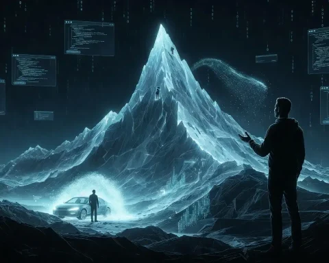 Futuristic jagged crystal mountain representing LLM capabilities with human figure directing AI agents