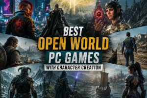 Best Open World PC Games With Character Creation collage featuring fantasy and cyberpunk RPG characters