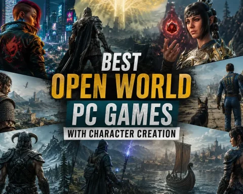 Best Open World PC Games With Character Creation collage featuring fantasy and cyberpunk RPG characters