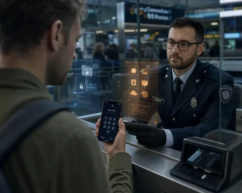 Traveler about to reboot your phone before passport control at airport checkpoint